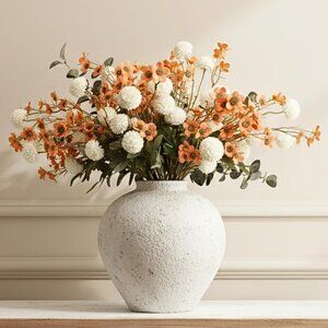 Orange Wax+Kiku Faux 10 Long Floral Artificial Flowers Vase Eucalyptus Decor